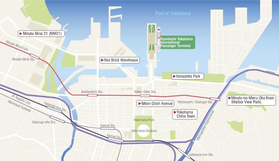Mapa de Yokohama para o terminal de cruzeiros